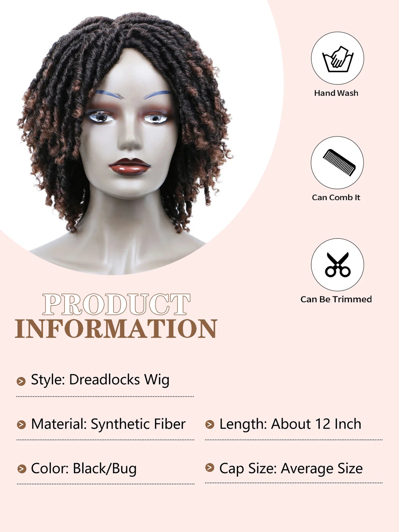 LUKZ Synthetic Short Natural Dark Brown Dreadlock Wig