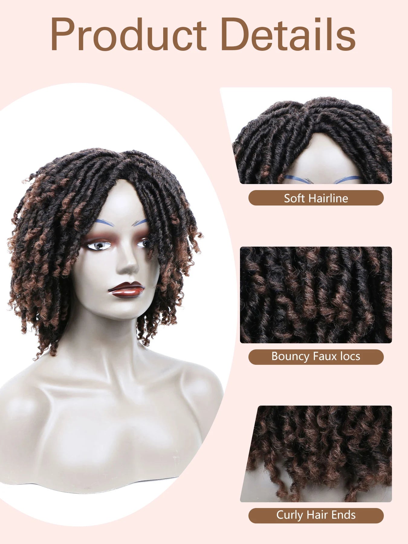 LUKZ Synthetic Short Natural Dark Brown Dreadlock Wig