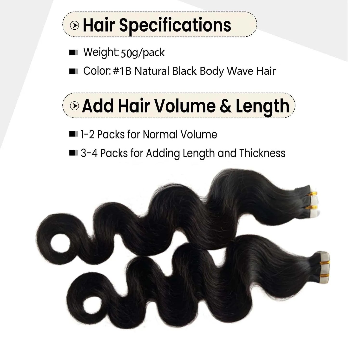 20pcs Body Wave Tape In Remy Skin Weft Invisible Human Hair Extensions #1B