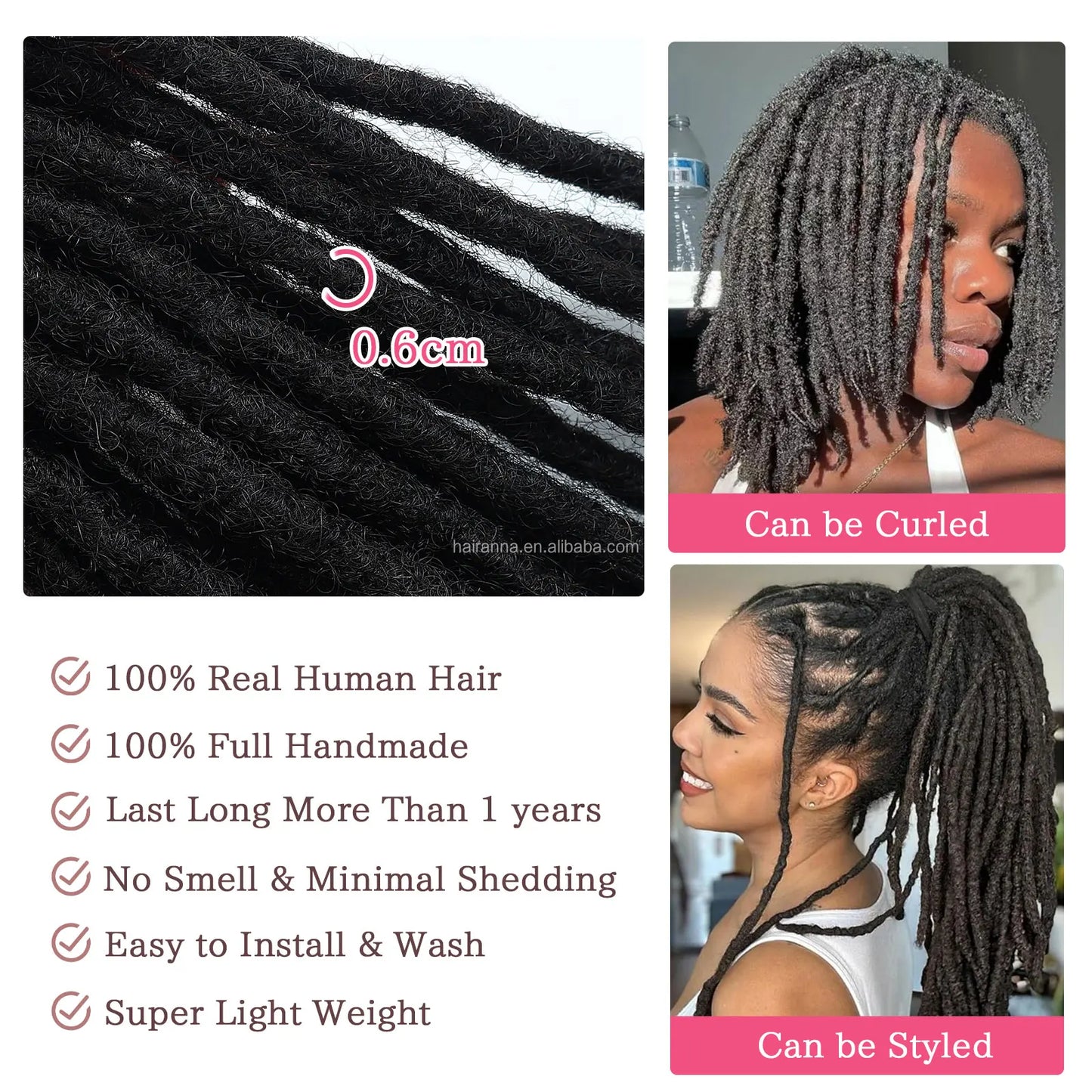 0.6cm Thickness 20strands/pack Human Hair Dreadlocks Hair Extensions Men/Women