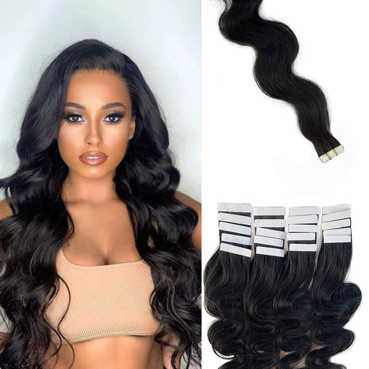 20pcs Body Wave Tape In Remy Skin Weft Invisible Human Hair Extensions #1B