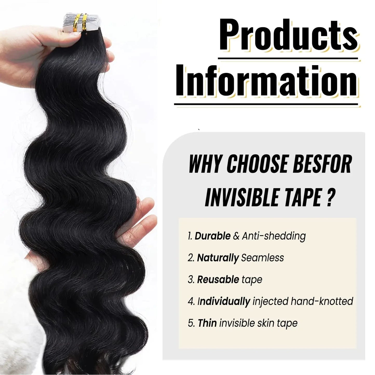 20pcs Body Wave Tape In Remy Skin Weft Invisible Human Hair Extensions #1B