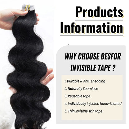 20pcs Body Wave Tape In Remy Skin Weft Invisible Human Hair Extensions #1B