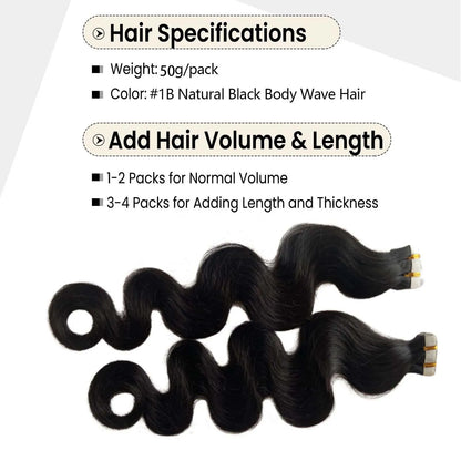 20pcs Body Wave Tape In Remy Skin Weft Invisible Human Hair Extensions #1B